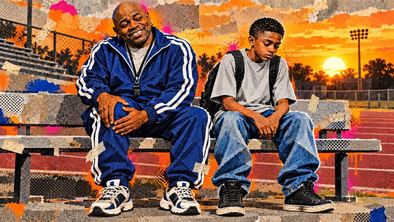 Coach and Ghost on a bench at sunset