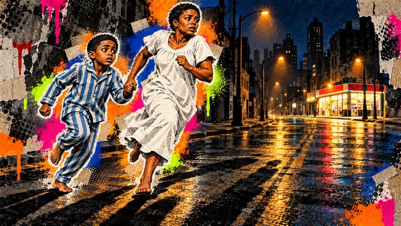 Ghost and his mother running down a night street